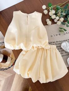 Genkimix Kids Bộ 2 món cho bé gái: Áo không tay trang trí nơ và quần short màu trơn. - Màu vàng - Xem 2