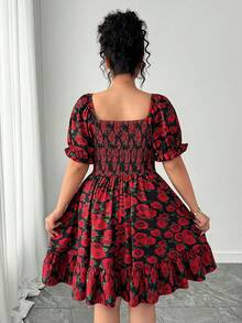 Elenzga 情人节加大码女士优雅浪漫印花褶皱纽扣腰带中长连衣裙，情人节 - 紅色 - 查看 2