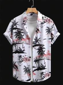 Manfinity RSRT Plant Print Front Button Casual Versatile Short Sleeve Shirt Summer Men Shirt Men Vacation Tops Men's Palm Tree Shirt Men Beach Shirts Hawaiian Print Shirt - Multicolor - View 1