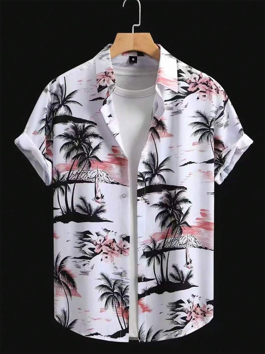 Manfinity RSRT Plant Print Front Button Casual Versatile Short Sleeve Shirt Summer Men Shirt Men Vacation Tops Men's Palm Tree Shirt Men Beach Shirts Hawaiian Print Shirt - Multicolor - View 1