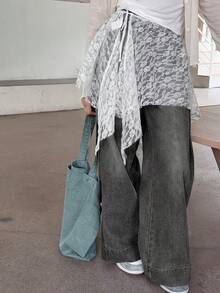 Dazy Kids 少女休闲水洗高腰阔腿牛仔裤 - 淺灰色 - 查看 5