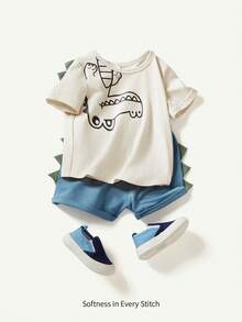 Cozy Pixies Baby Boy Cartoon Dinosaur Pattern Short Sleeve T-Shirt With 3D Spike Design Round Neck And Shorts Casual Outfits - Apricot - View 9
