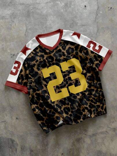 Manfinity EMRG Men's Casual Fashionable Street Leopard Print Digit & Star Pattern Contrast Color V-Neck Mesh Breathable T-Shirt, Summer