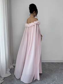 SHEIN Elenzya 女士优雅露肩雪纺拼接荷叶边长裙，适合婚礼、新娘、休闲、海滩、度假、日常出行、约会、派对、野餐、假期等场合。 - 粉色 - 查看 2