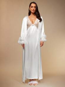 Silquee Lace-Panel Satin Slip Dress And Double-Layer Fuzzy Cuff Belted Robe Pajama Set White Set, Fall Winter Clothes  Valentine's Day Sexy Lace Galentines Adult Date Night  Spandex See Through Romantic Sexy Curve  Spring And Summer Feathered White Satin Cardigan Long-Sleeved Robe, Suitable For Wedding Parties, With A Lace Deep V-Neck Inner Dress. - White - View 1