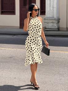 Slaydiva New Summer Style, Perfect For Birthday Parties, Back-To-School, Preppy, Student Wear, Everyday Outings, Basic And Versatile, Casual, Vacation, Cruise Travel, Beach, Seaside, Sunbathing, Online Style, Streetwear, Millennial Y2K Sexy Girl, Halter Neck Sleeveless Backless Ruffle Midi Knee-Length Black And White Polka Dot Dress Polka Dot Dress Women Summer Elegant Dress - Black and White - View 6