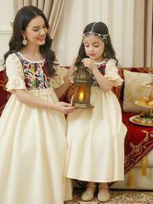 Young Girls' Vacation Style Woven Apricot Round Neck Patchwork Pattern Flare Sleeve Midi A-Line Dress - Apricot - View 1