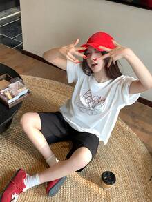 DAZY 女士甜美线条花卉印花短袖T恤，宽松版型，百搭白色纯棉休闲上衣，印花T恤，女款加大码 - 白色 - 查看 5