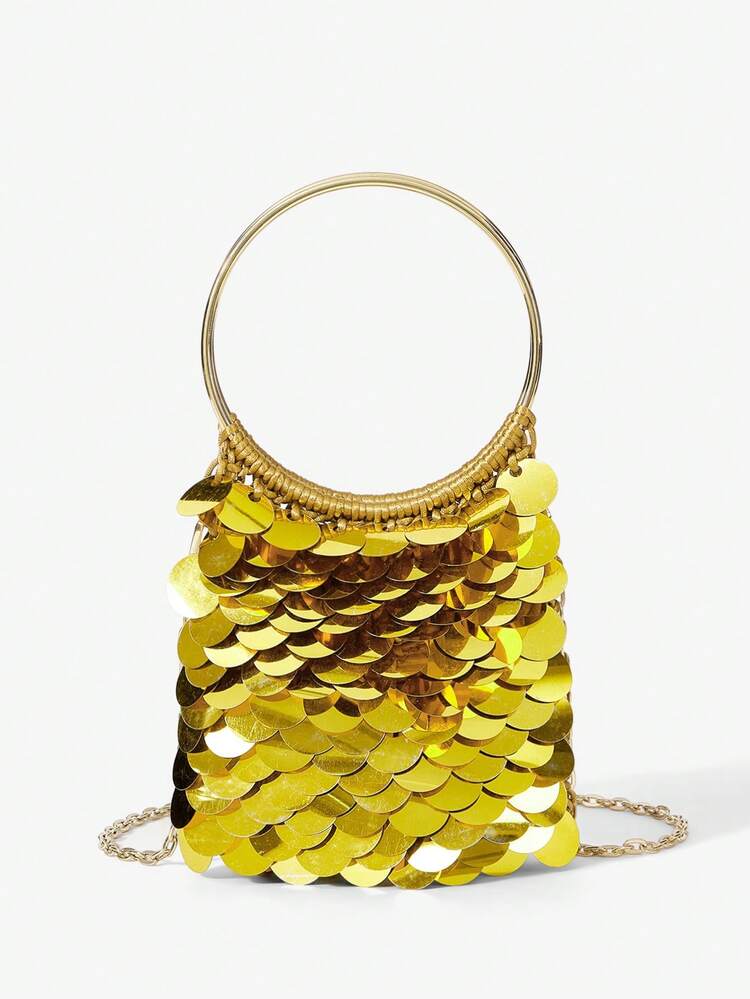 SHEIN Maija Ladies, Women Top Handle Bags, Gold Crochet Sequin Bag, Fashionable, Elegant , Simple, Personalized, Versatile, Classic, For Cocktail Party, Party, Prom, Club, Date, Birthday, Evening, Date Nigh, Banquet, Valentine's Day