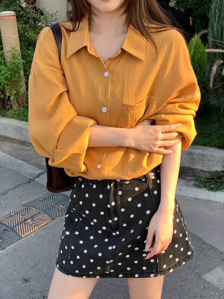 Women's Solid Color Minimalist Long Sleeve Shirt, Casual Everyday Wear