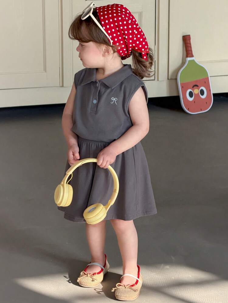 Baby Girls' Casual Collared Sleeveless T-Shirt And Skirt 2-Piece Set, Korean Style Summer