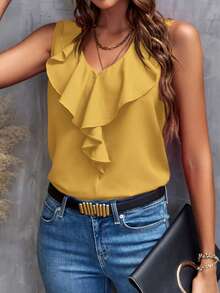 SHEIN Clasi Women's Solid Color Minimalist Sleeveless Shirt With Ruffle Hem, Casual Everyday Wear,Summer Top - Yellow - View 6