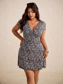 Elaquor 大码碎花V领短袖收腰连衣裙，适合夏季穿着 - 玫紅色 - 查看 6