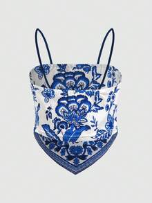 SHEIN 少女休闲度假复古图案不对称下摆吊带背心 - 藍色 - 查看 5