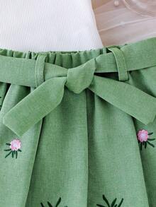 2pcs Baby Girls' Knit Ruffle Trim Top And Embroidered Waist Belt Skirt Set, Casual Summer Outfit - White - View 4