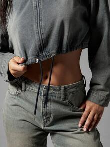 Denimoi Elastic Waist Toggle High Neck Zip Front Cropped Denim Jacket - Medium Wash - View 6