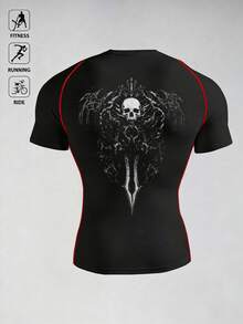 Acti Log Men's Casual Skull Print Round Neck Short Sleeve T-Shirt, For Daily & Sports Wear Rash Guard Men Gym Compression Shirt Compression T Shirt Men Workout Shirt Men Graphic Compression Shirt Compression Shirt Men - Black - View 2