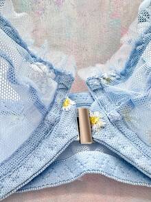 SHEIN Esselle 2pcs Plus Size Romantic Embroidery Wire Bra Lingerie Set, Lift - Blue - View 3