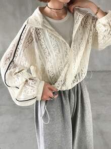 FRIFUL Women's Lace Lantern Sleeve Open Front Loose Jacket - Beige - View 4