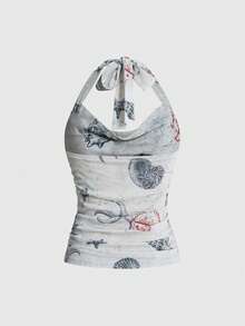 ROMWE Avant Vacation Outfit Fitted Draped Neck Backless Tank Top With Ocean Fish & Starfish Print For Women - Blue - View 2