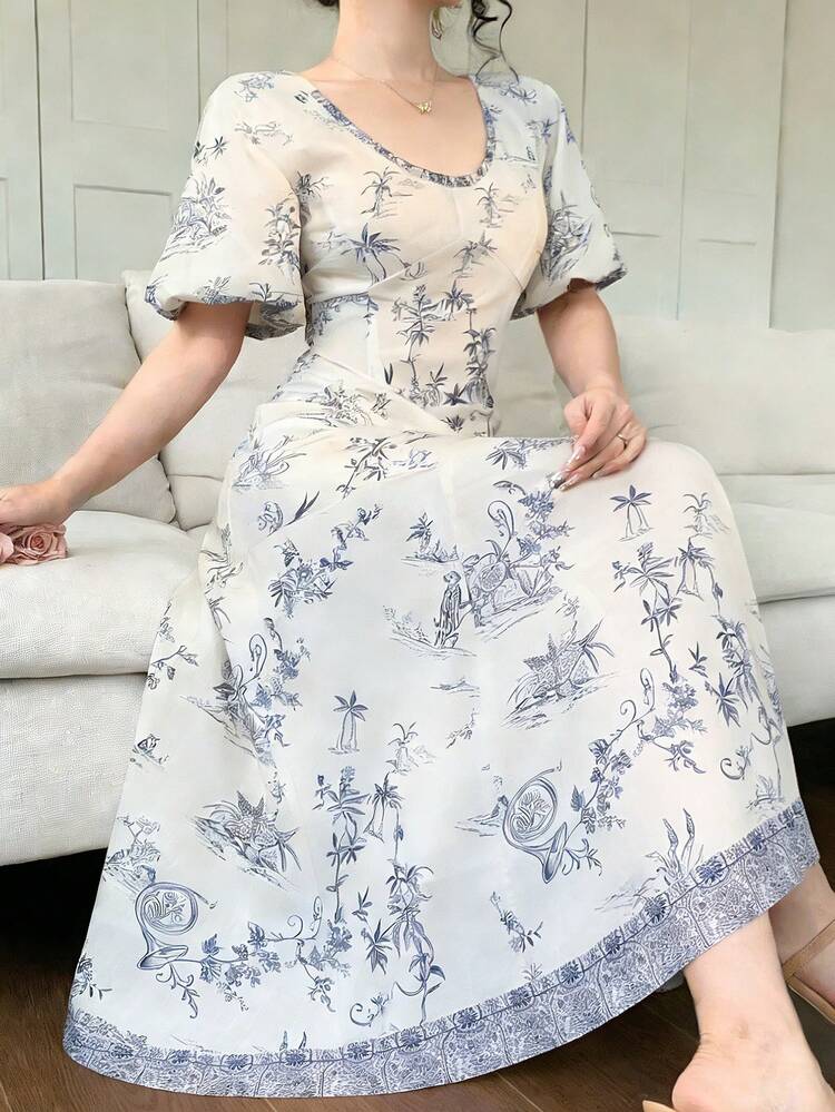 Women's Graphic Print Round Neck Puff Sleeve Elegant Dress Sundress