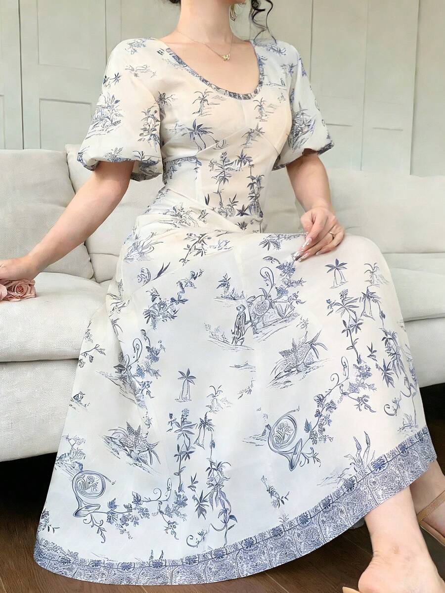 DAZY Women's Graphic Print Round Neck Puff Sleeve Elegant Dress - Blue - View 1