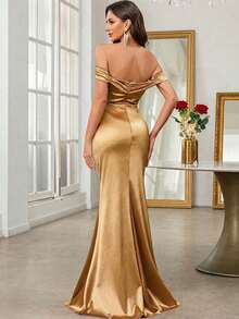 Glamine 露肩褶皱开衩高腰缎面伴娘礼服 白色优雅正式晚宴舞会婚礼宾客礼服，毕业典礼、晚宴、节日派对服装 - 金色 - 查看 2