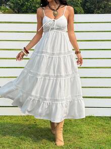 SHEIN EZwear Music Festival White Dress White Woven Spaghetti Strap Vacation Dress - White - View 4