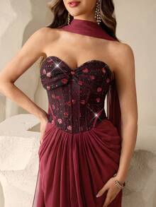 Coutiva Women's Sequin Patchwork Twist Bandeau Flowy Dress - Burgundy - View 6