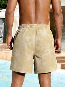 Manfinity Swimmode Herrshorts med dragsko och kokosnötstryck i midjan, avslappnade semester- och strandkläder - Kaki - Visa 2
