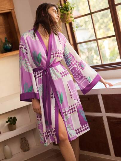 Bohemian Tropical Leaf Colorblock Print Women Sleepwear Robe Kimono Robes For Women Women's Robes Silk Robes For Women Sleep Wear Women Silk Robe For Women Silk Robe Set Summer Robe Women Lingerie Robe For Women Bath Robes For Women
