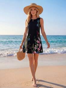 Sylviya Floral Print Tank Dress - Black - View 3