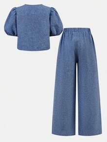 Firerie Kids 少女休闲优雅通勤圆领蓝色泡泡袖前襟白色蝴蝶结上衣和直筒裤套装 - 藍色 - 查看 6