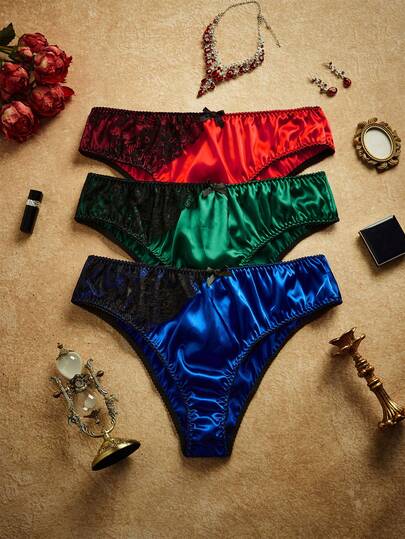 3 piezas Bragas vintage románticas, cómodas, de satén con parches de encaje floral asimétrico y de contraste de talla grande