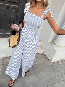 Pariaura French Style Tie-Up Striped Women Jumpsuit - Blue and White - View 5