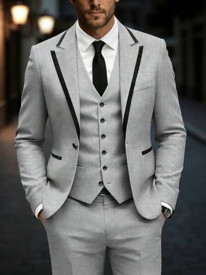 Manfinity Mode Men's Casual Suit Jacket, Street Style Essential, Must-Have Outerwear,Men Old Money,Daily Leisure, Weekend Trips, Outdoor Activities, Travel Expeditions, Relaxed Work Environments Or Semi-Formal Occasions, Boyfriend/Husband Gift, Anniversary /Birthday Gift Party Summer Vacation Holiday,Wedding,Spring To Summer,Easter,Elegant Mens Light Gray Wedding Suit With Contrast Black Lapel And Vest For Groomsmen Modern Tailored Fit,Grey Suits For Men,Wedding Men Suit,Men's Formal Suit