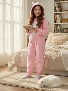 女童兔子图案毛绒睡衣套装，长袖上衣和裤子，甜美时尚，适合秋冬季穿着 - 粉色 - 查看 1