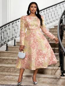 SHEIN Lady 大码优雅图案圆领长袖连衣裙 - 藕粉色 - 查看 4