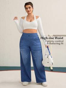 Flexra Plus Size Women Knitted Denim Casual Wide Leg Pants - Medium Wash - View 7