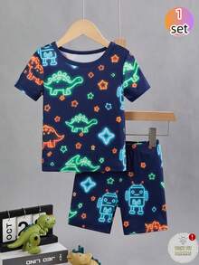 1 Set Young Boy Pajamas, Navy Blue Glow-In-The-Dark Round Neck Short Sleeve T-Shirt With Colorful Star, Green Dinosaur And Light Blue Block Print, Matching Shorts, Soft And Comfortable Knit Fabric, Suitable For Summer Indoor And Outdoor Wear - Multicolor - View 8