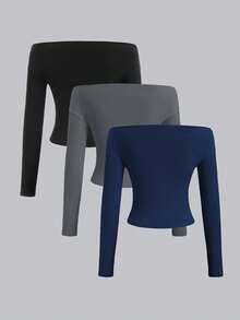 Sweetra Bộ 3 áo croptop dài tay trễ vai dành cho nữ, thoải mái và thân thiện với da, dáng ôm, dễ phối đồ. - Nhiều màu - Xem 2