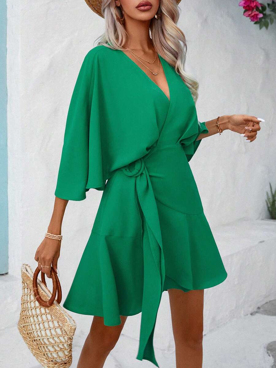 Breezaya Solid Batwing Sleeve Wrap Knot Side Dress Vacation Beach Outfits Women - Green - View 1