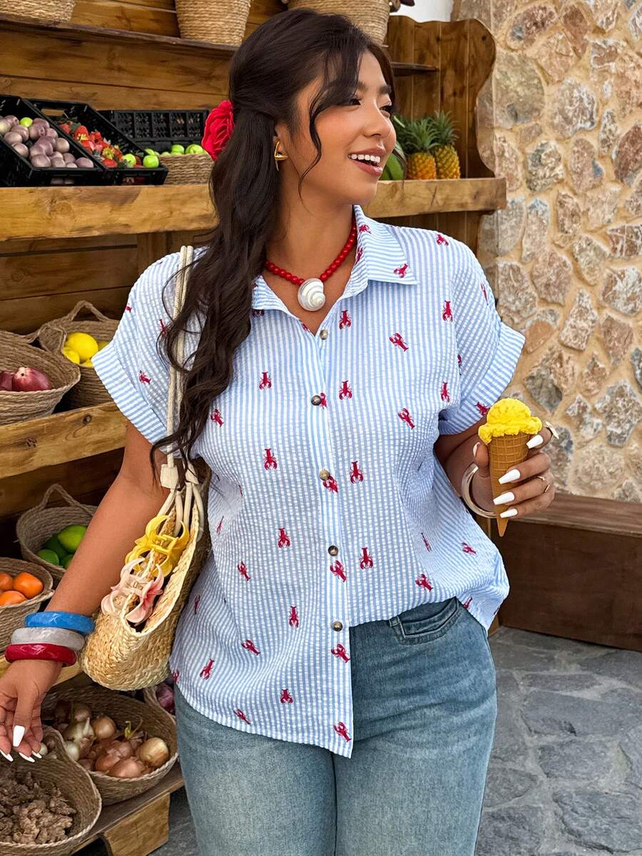 Breezaya Women's Loose Striped Lobster Print Casual Top, Suitable For Daily And Vacation Wear, Spring/Summer - Blue and White - View 1