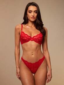 Silquee Floral Lace Underwire Lingerie Set Valentine's Day Sexy Lace Galentines Adult Date Night  Spandex See Through Romantic Sexy Curve Red Lingerie Set - Red - View 4