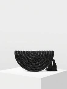 MOTF HANDMADE BEADED EVENING BAG, BLACK TASSEL CLUTCH, ELEGANT CHAIN SHOULDER CROSSBODY BAG - Black - View 5