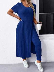 Conjunto informal de 2 piezas de top de manga corta y pantalones de punto acanalado de cuello redondo y unicolor en talla grande - azul real - Ver 5