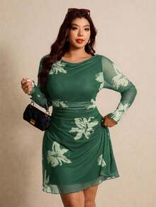 Elaquor Gaun Lengan Panjang Motif Minimalis untuk Wanita Ukuran Besar - Hijau - View 6