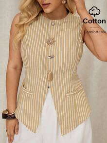 Auralis Plus Size Summer Casual Commuter Striped Front Button Tank Top - Yellow - View 1