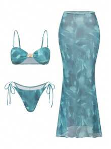 Bonvoyette 女士扎染绿色吊带性感露背三件套比基尼泳装，适合度假和海滩穿着 - 墨綠色 - 查看 1