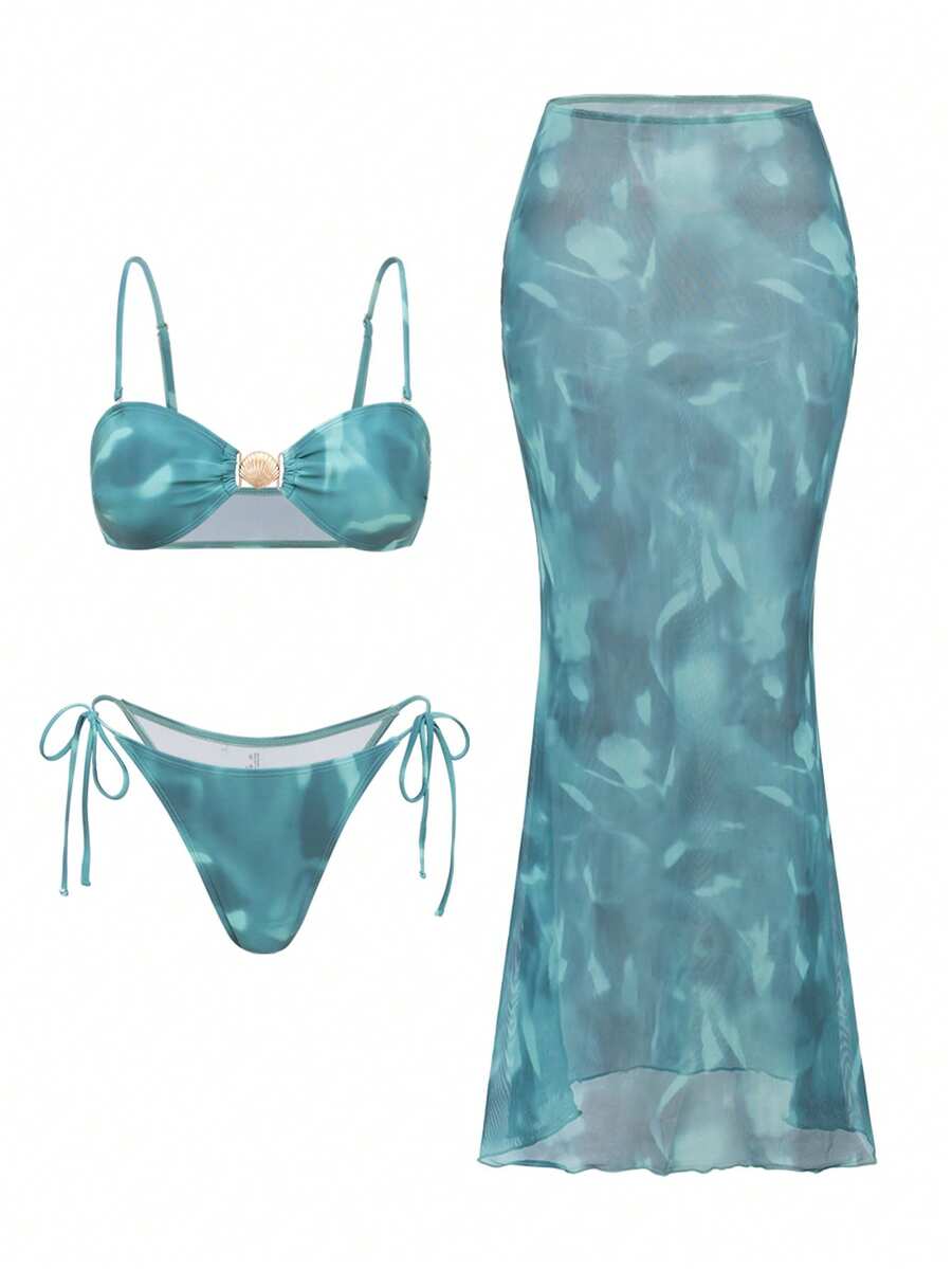 Bonvoyette 女士扎染绿色吊带性感露背三件套比基尼泳装，适合度假和海滩穿着 - 墨綠色 - 查看 1